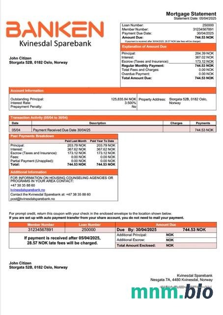 Norwegia Kvinesdal Sparebank wyciąg z kredytu hipotecznego szablon Word i PDF